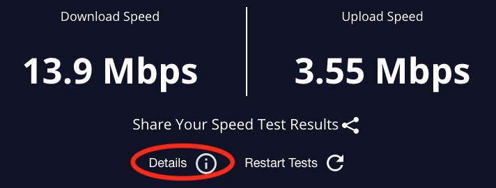 A screenshot of the Reviews.org internet speed test showing where to find the Details link that displays latency