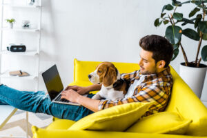 A white man with dark hair sits on a yellow couch with his dog and laptop