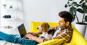 A white man with dark hair sits on a yellow couch with his dog and laptop