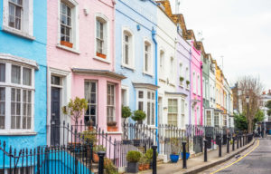Multi-coloured street of houses in Chelsea,London