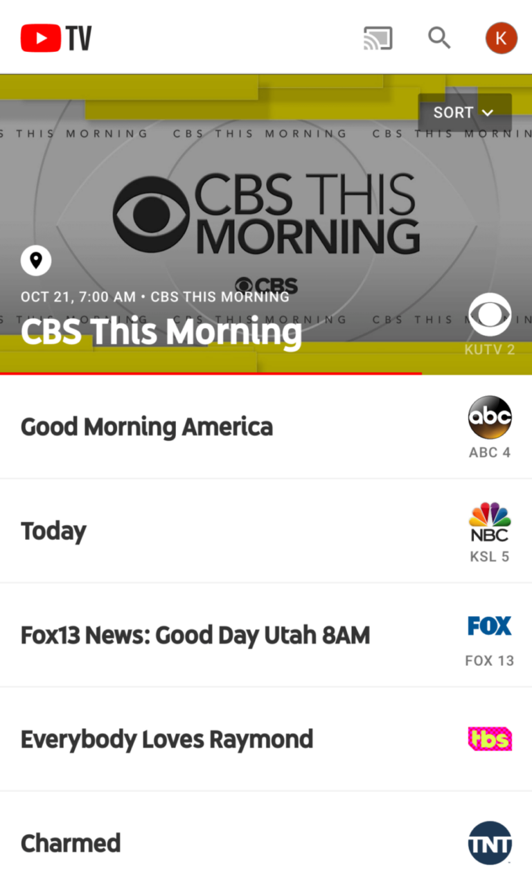 YouTube TV Cell Phone Live tab