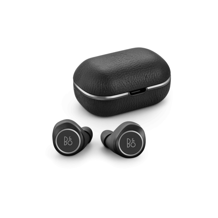 A pair of black Bang and Olufsen Beoplay E8 2 earbuds with case