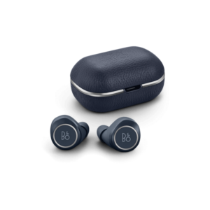 A pair of indigo blue Bang and Olufsen Beoplay E8 2 earbuds with case