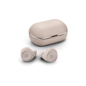 A pair of limestone-coloured Bang and Olufsen Beoplay E8 2 earbuds with case
