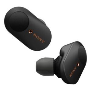 A close-up of the Sony WF-100XM3 earbuds