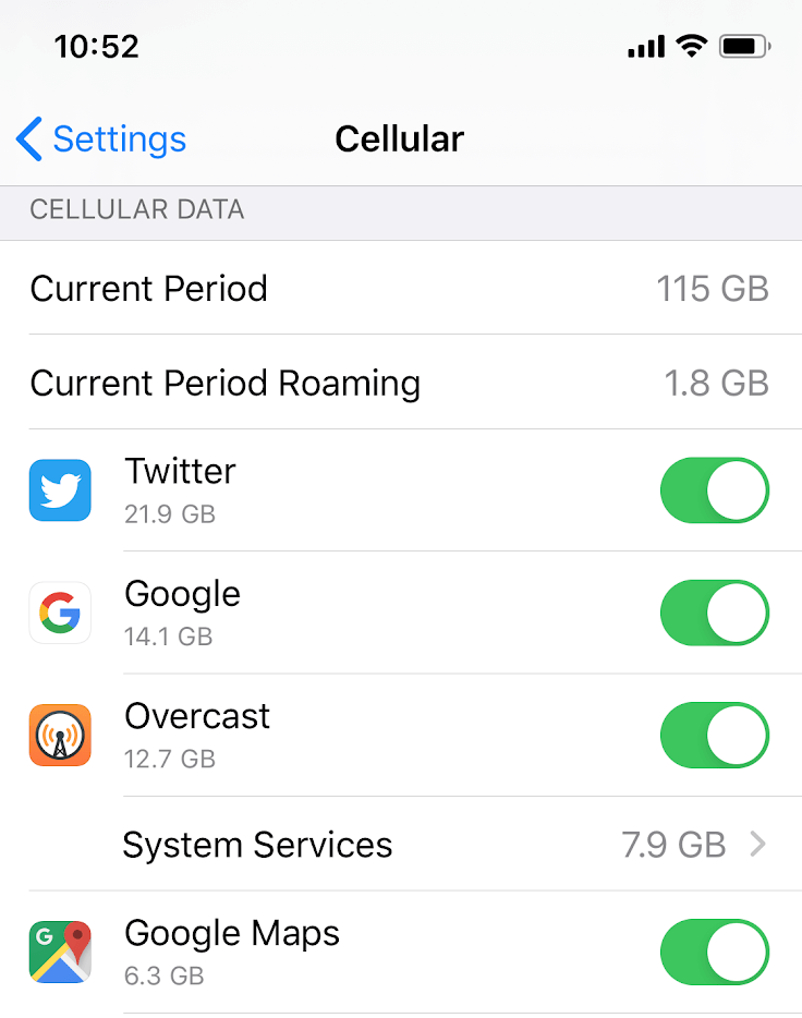screen shot of apps page including data usage