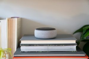 Amazon Echo Dot on bookshelf