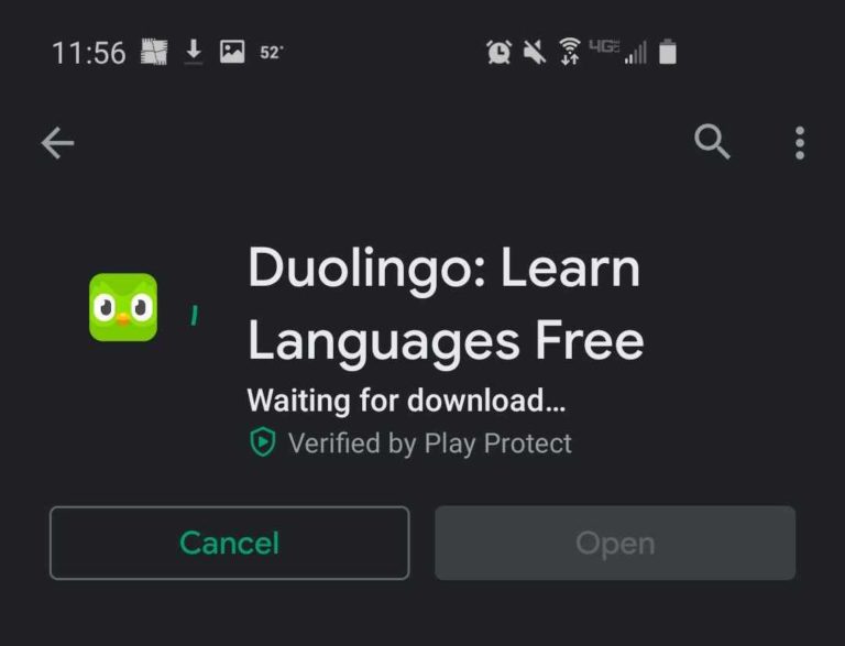 A screenshot of the Duolingo app showing the Verified by Play Protect in the Google Play Store
