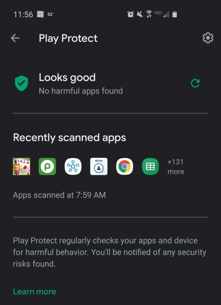 A screenshot shows Google Play Protect scanning Android apps