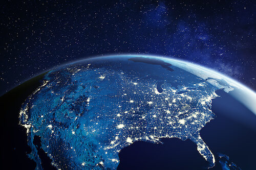 A view of North America from outer space at night