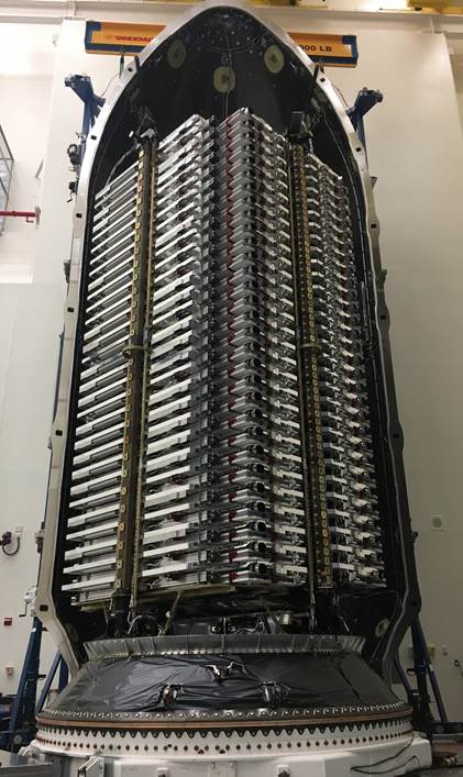 Sixty Starlink satellites inside a Falcon 9 rocket's nose cone