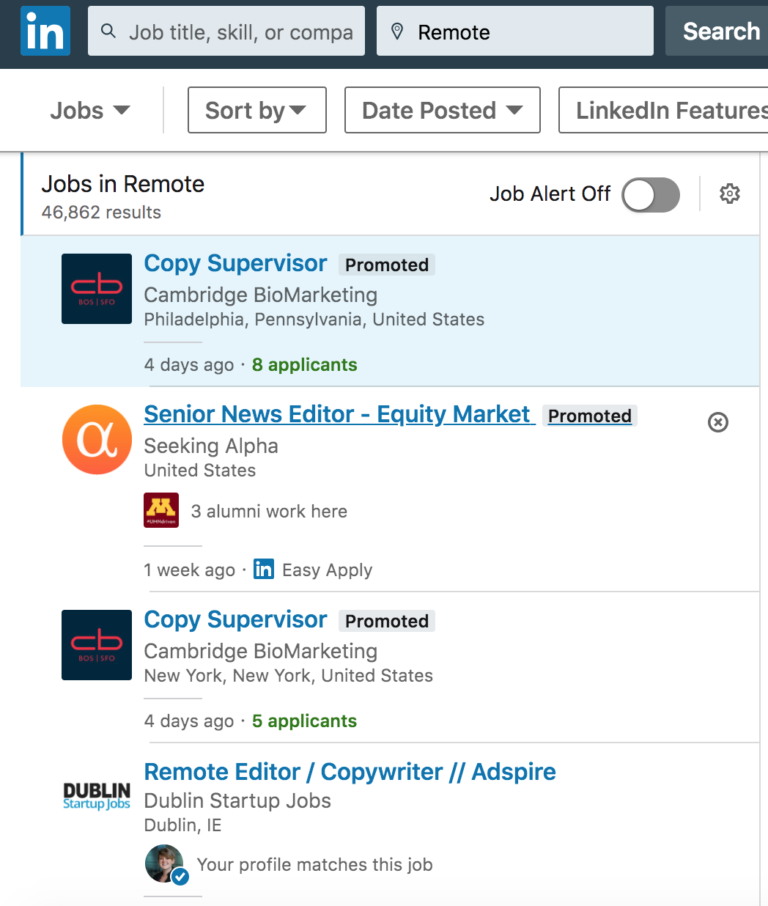 A screenshot of a job search on LinkedIn with the location set to Remote