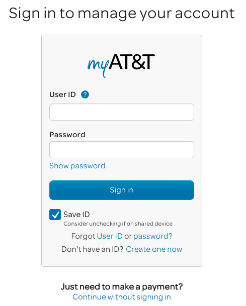Screenshot of the myAT&T sign in page.