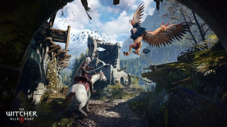 An illustration shows Geralt, the hero of the Witcher series, battling a gryphon