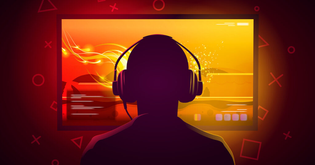 Illustration of a person playing games with headphones on