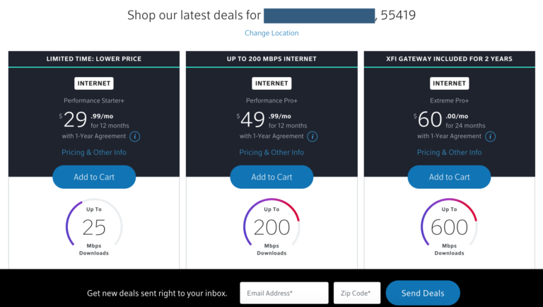 A screenshot showing Xfinity internet deals for zip code 55419