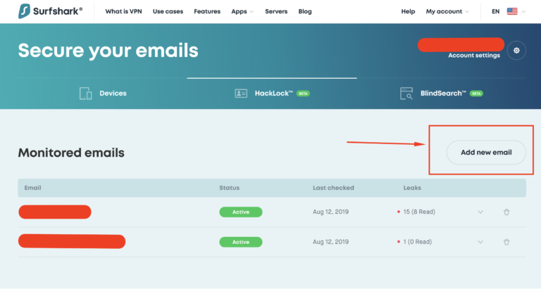 Surfshark VPN email monitoring interface