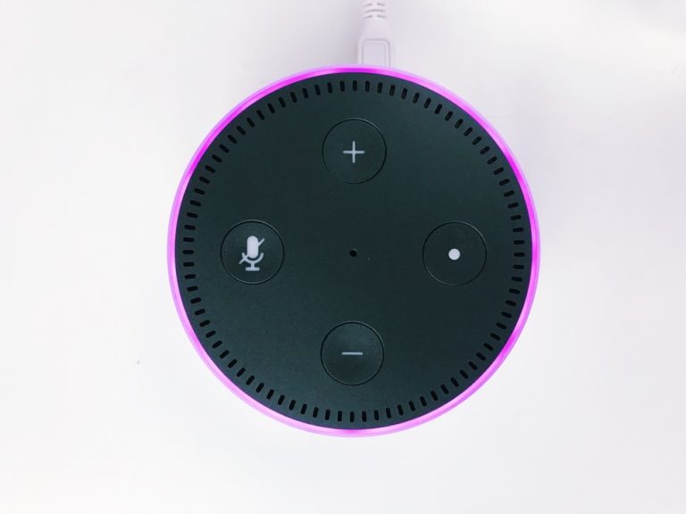Top view of Echo Dot with purple light ring