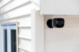 Black security camera mounted beneath the eave of a house