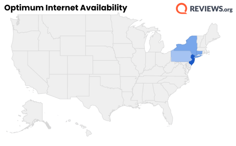 A map showing Optimum internet availability in Connecticut, New Jersey, New York, and Pennsylvania