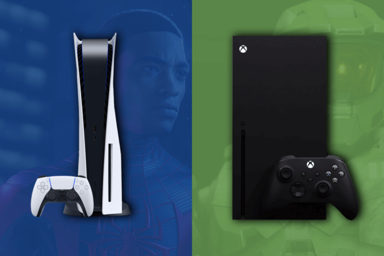 A graphic of the Playstation 5 on a blue background to the left of the Xbox Series S on a green background