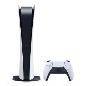 The black and white PlayStation 5 Digital Edition Console stands upright and doesn't feature a disc drive