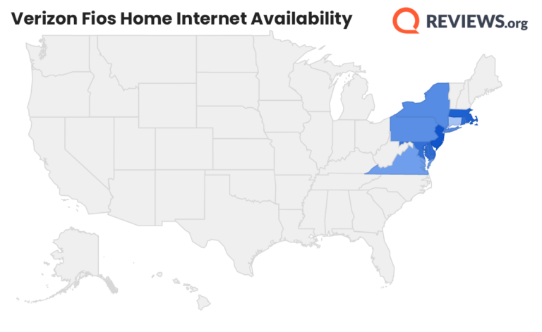Mapa USA pokazująca usługę Verizon FIOS w kilku stanach północno -wschodnich