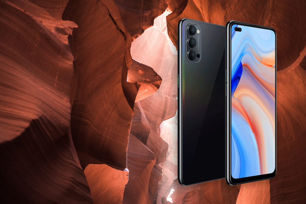 Reno4 5G in black against a red rock background