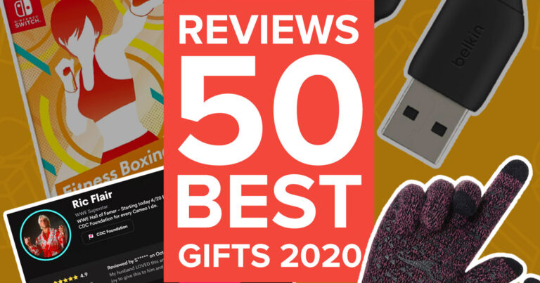 Graphic for the Reviews.org 2020 gift guide featuring various gifts from the article.