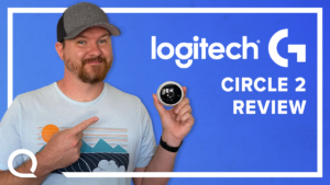 A man holding a Logitech next to text "Logitech Circle 2 Review" and Logitech logo.