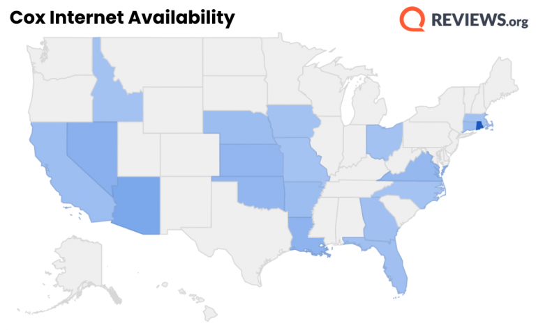 A map of the United States showing Cox internet availability in the West, Central US, Northeast, and South