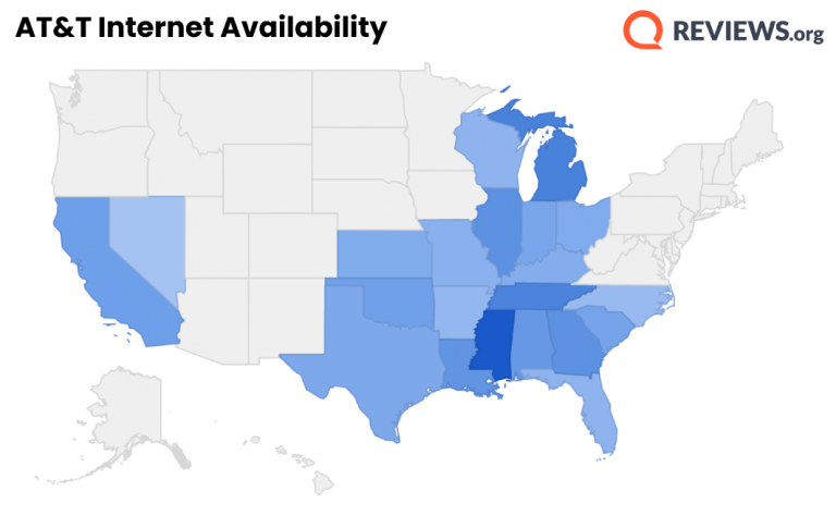 A map of the US showing the 21 states where AT&T internet is available.