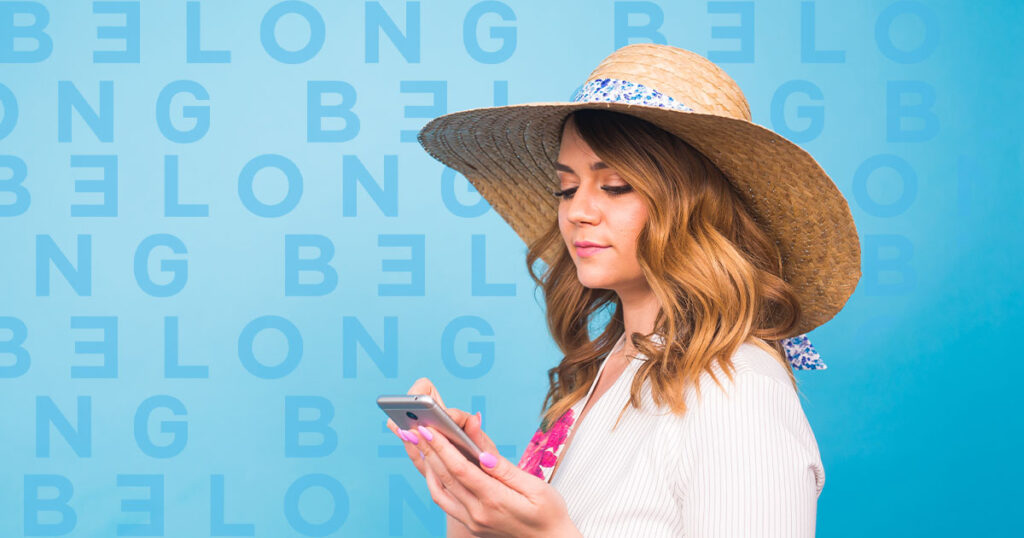 Belong Mobile graphic featuring a young woman using her smartphone