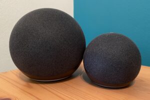 Charcoal Amazon Echo and Echo dot side by side