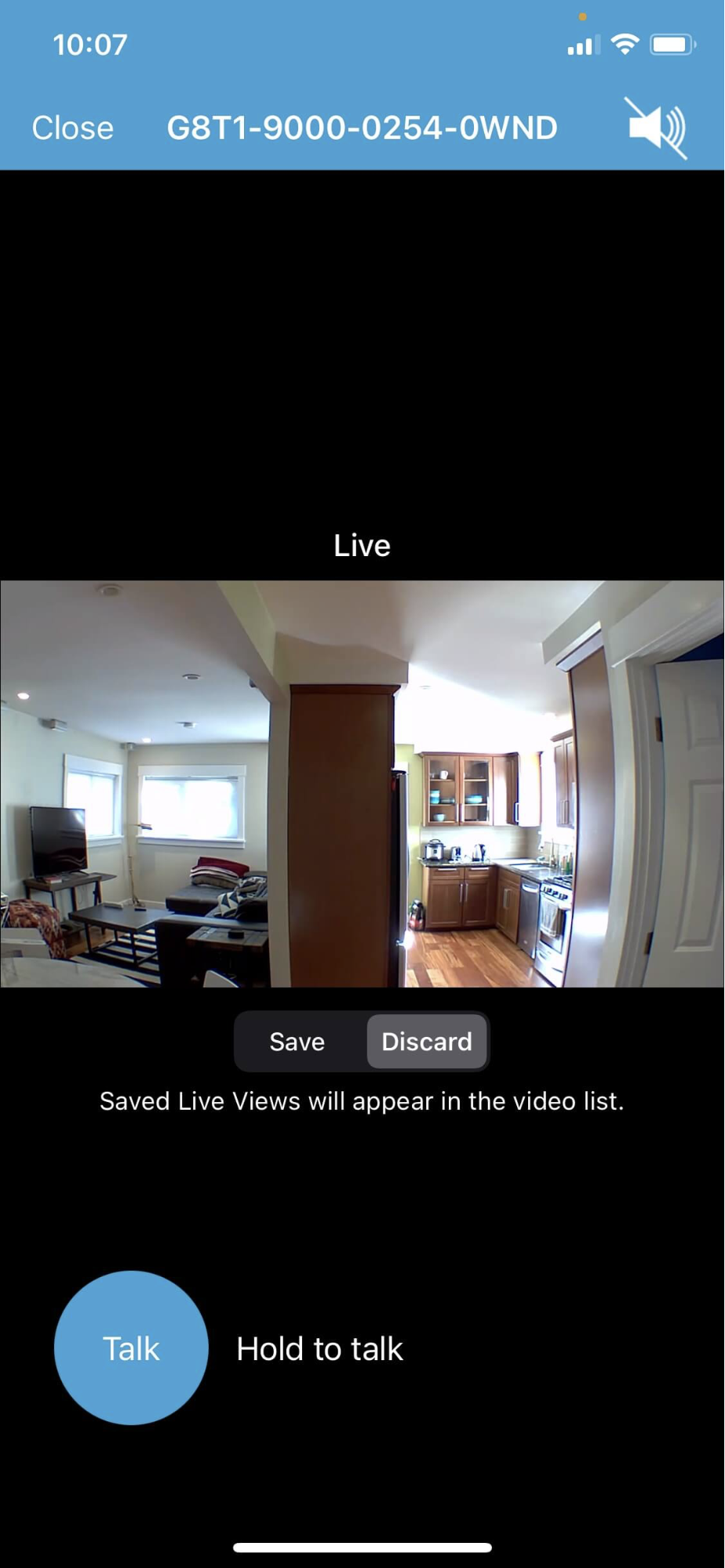 Screenshot of the Blink mobile app showing the camera's live feed