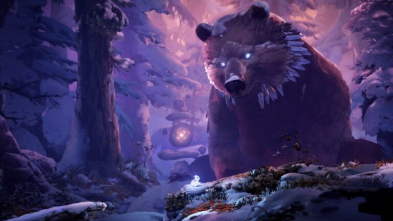 A screenshot of the game Ori and the Will of the Wisps featuring a bear in a forest