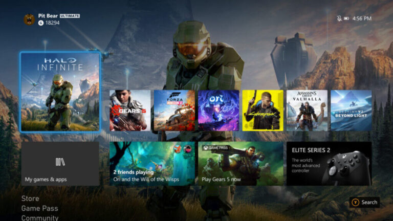The Xbox Series S interface dashboard showing Halo Infinite highlighted