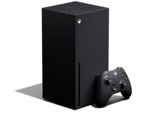 A black Xbox Series X console with controller