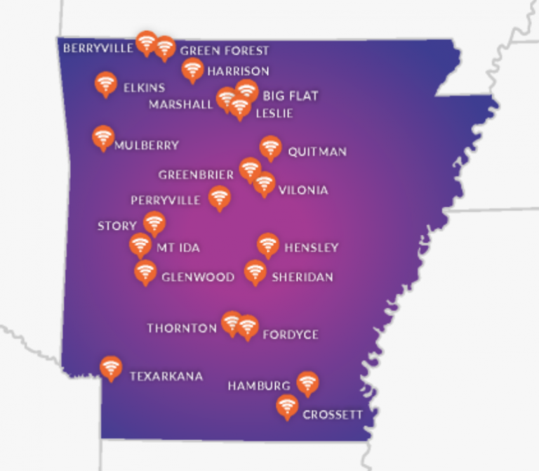 A screenshot showing 22 cities in Arkansas where Windstream Kinetic GIg is available.