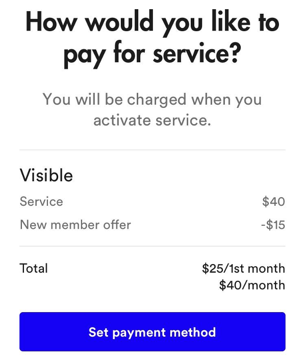 Screenshot of payment selection page in Visible app during account creation