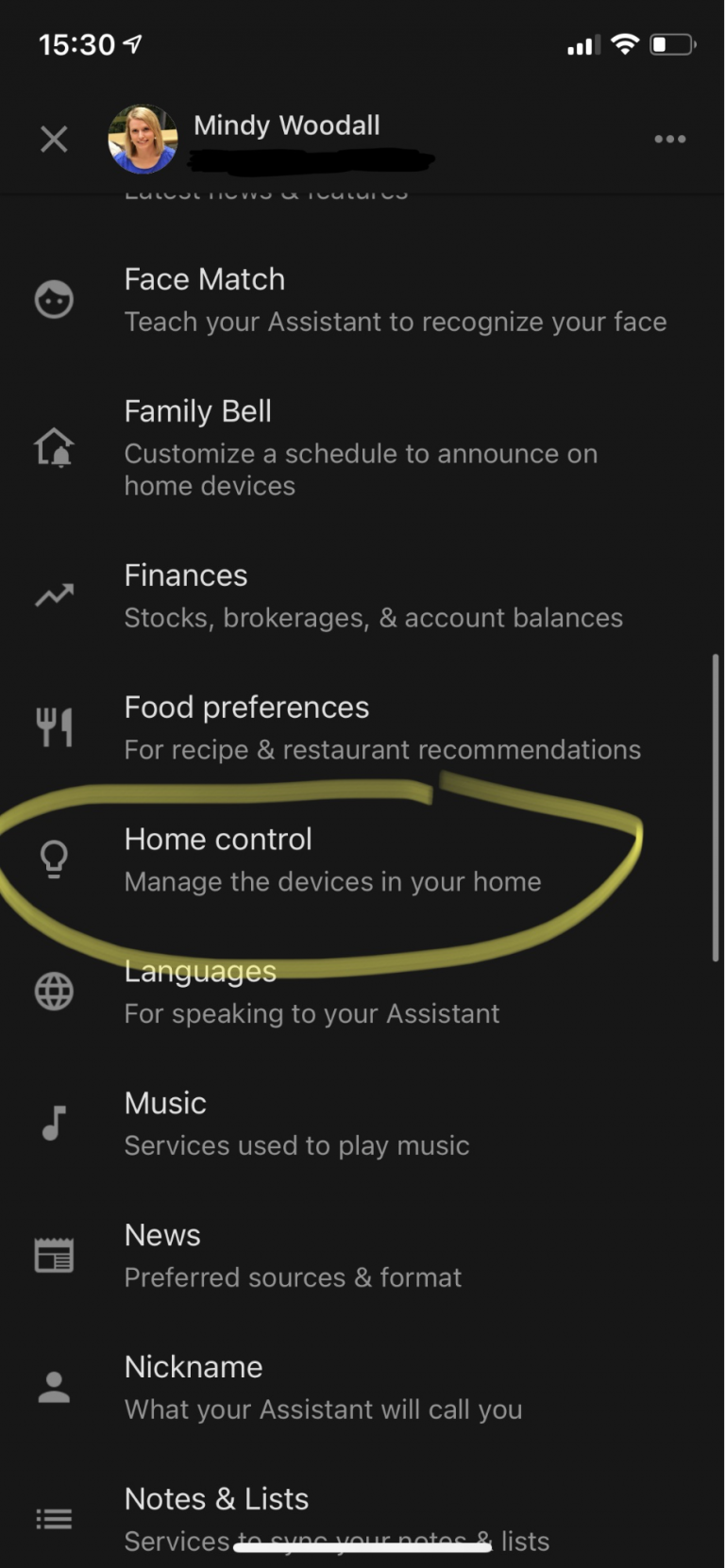 Screenshot of the Google Home App with Home Control circled