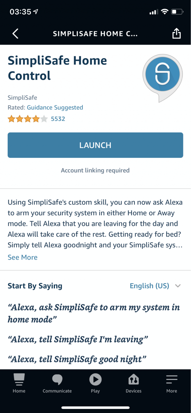 Captura de tela do aplicativo Alexa mostrando a tela de lançamento do SimplisAfe Skill