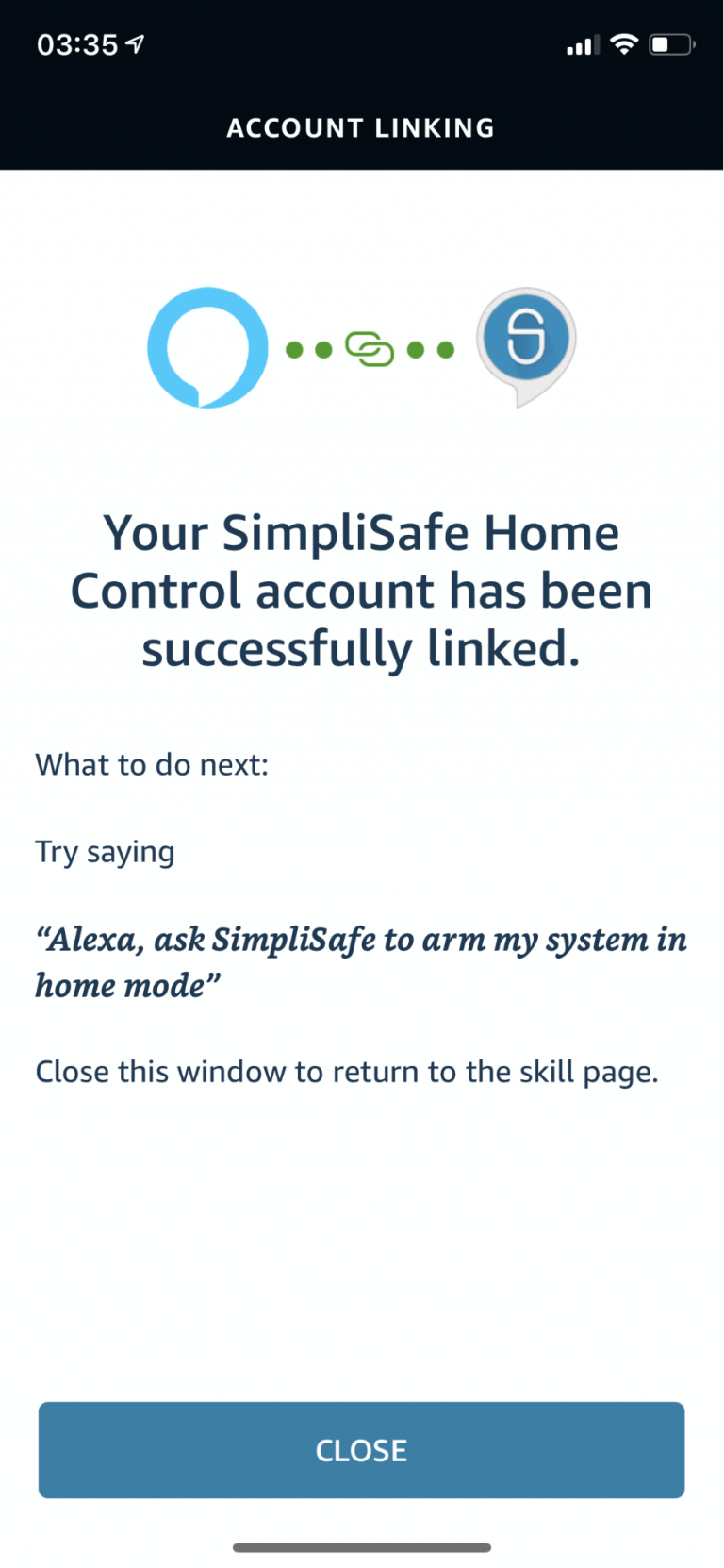 Screenshot of Alexa app showing SimpliSafe skill confirmation page