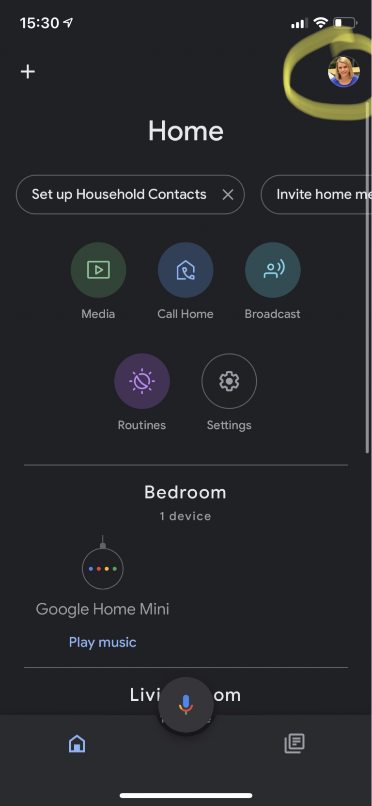 Screenshot of Google Home app with user profile picture circled