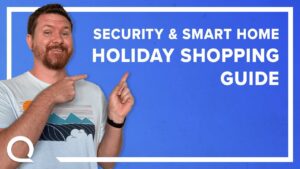 A man pointing with both hands to text "Security and Smart Home Holiday Shopping Guide"