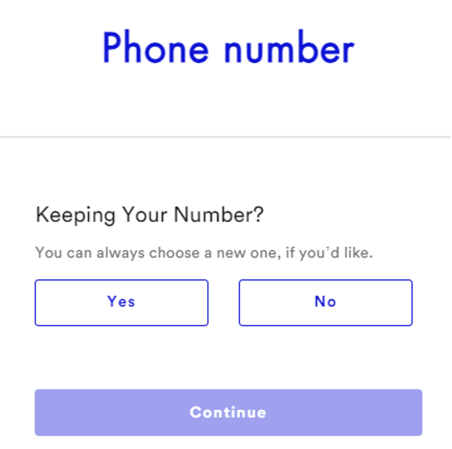 Screenshot of phone number selection form during account setup on Visible's website
