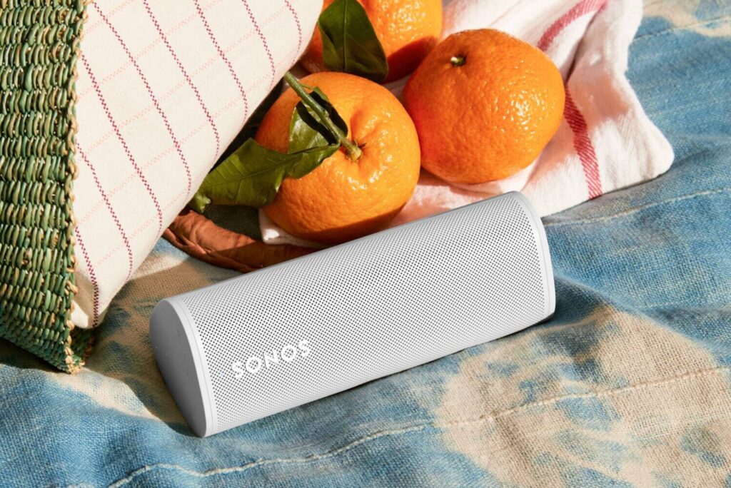 White Sonos Roam portable speaker on a picnic blanket