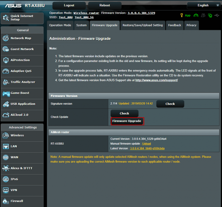 A screenshot of the Asus RTX 88 U router interface with the Firmware Upgrade button highlighted.