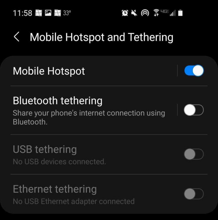 A screenshot of the mobile hotspot switch on an Android phone