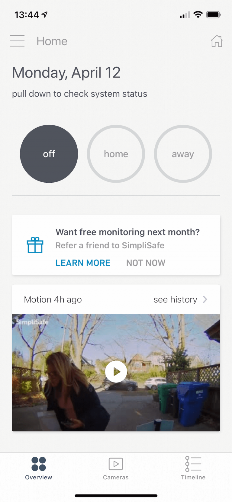 Screenshot of the home screen of the SimpliSafe app
